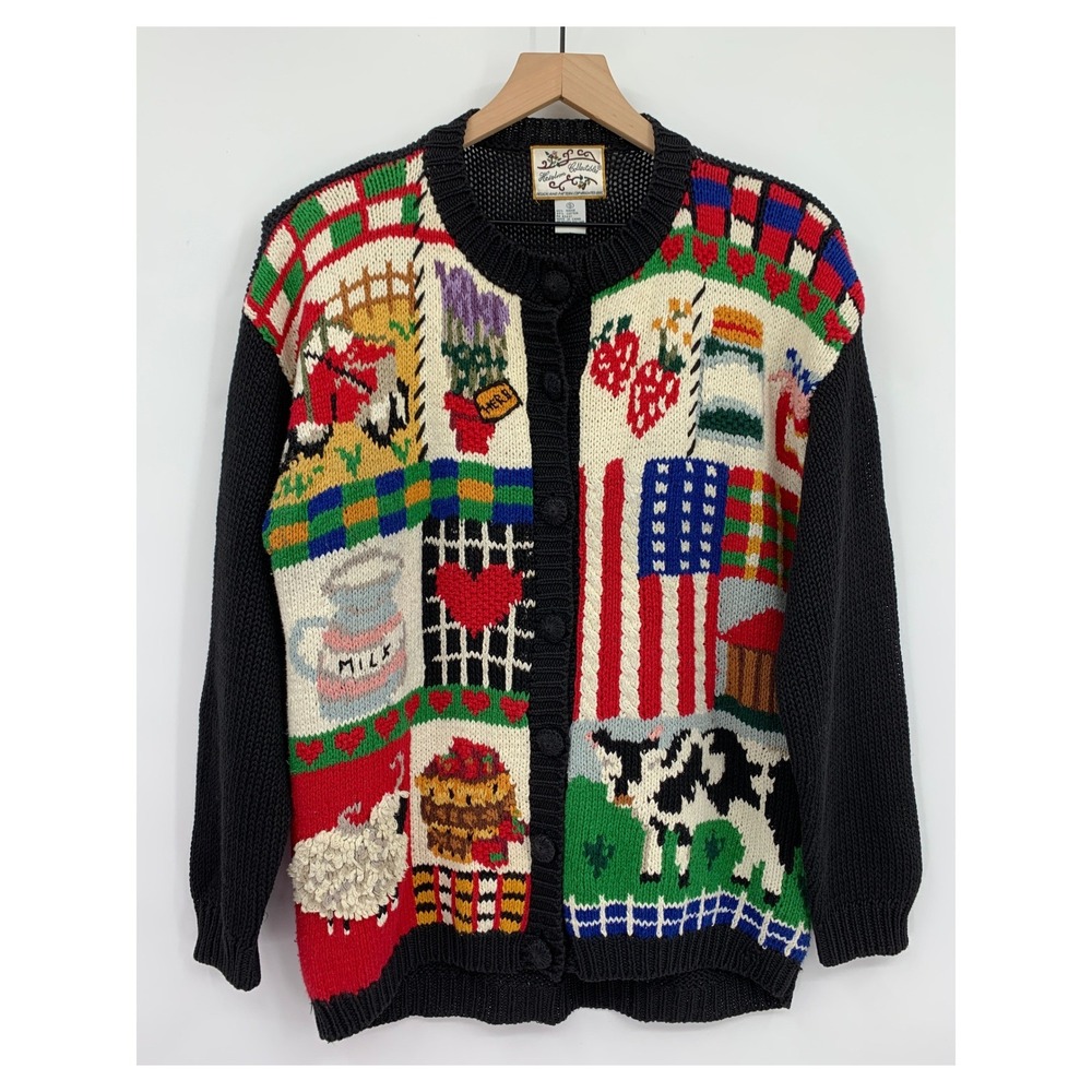 Vintage Heirloom‎ Collectibles Sweater Womens Small Black Farm Animal Cow Sheep